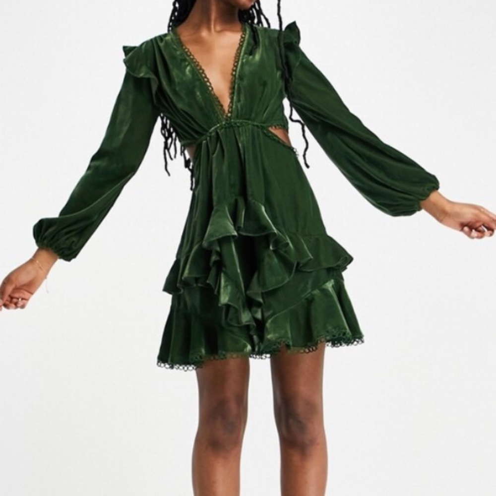 ASOS olive green velvet mini dress